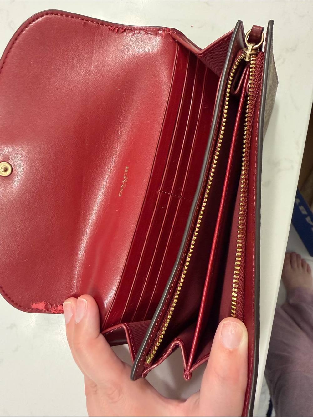 Coach Brown Signature Canvas Wallet with Burgundy Leather Flap - Picture 4 of 6